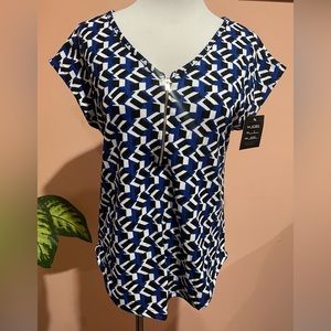 Rene Ricci women blue top sleeveless work shirt blouse top with half zipper.